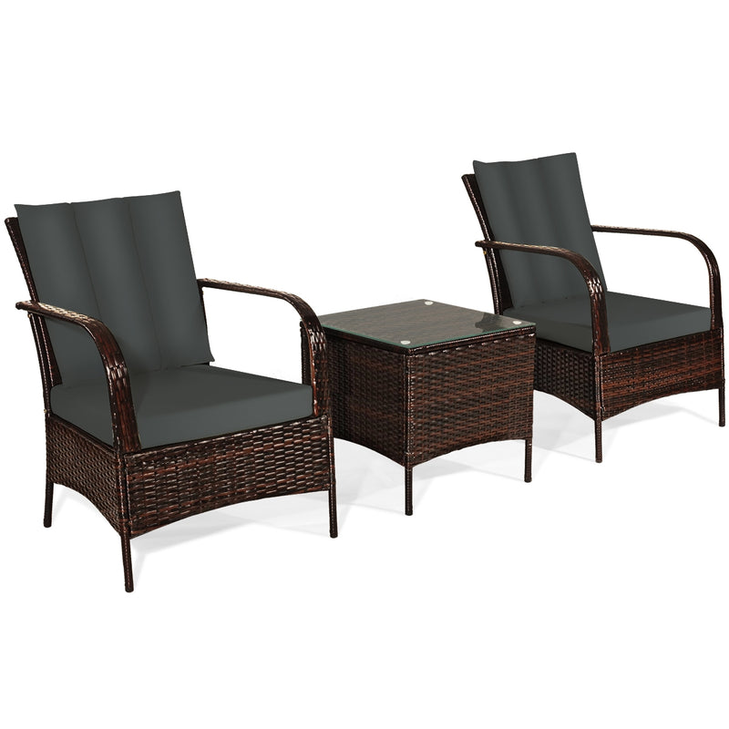 3 Pieces Patio Conversation Rattan Furniture Set with Cushions-Gray