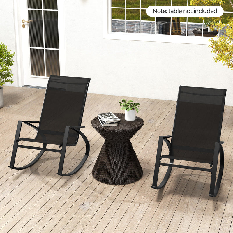 2 Pieces Patio Rocking Chairs Outdoor Sling Fabric Rockers with Ergonomic Backrest and Seat-Black