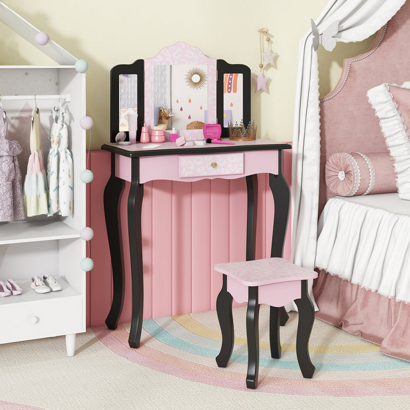 2 in 1 Princess Dressing Table Writing Desk with Cute Leopard Print 3 Makeup Accessories-Pink