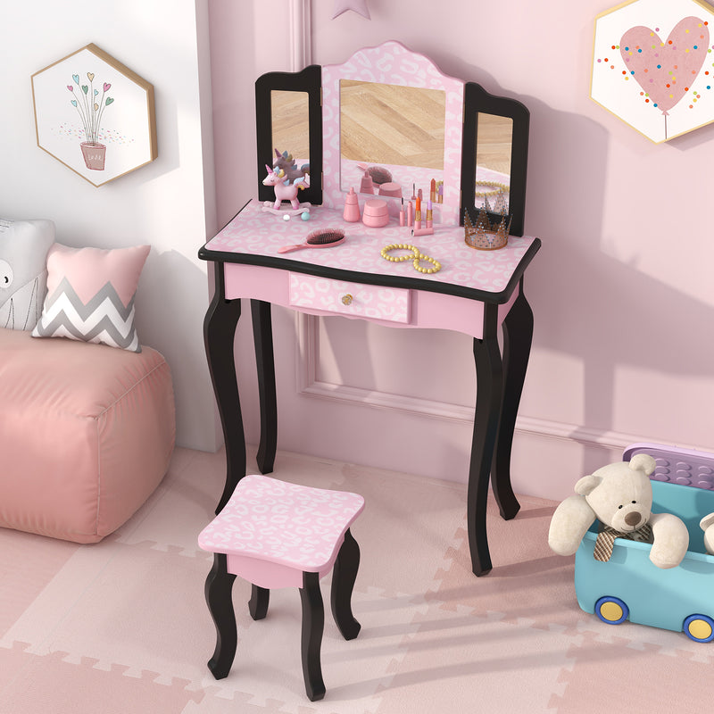 2 in 1 Princess Dressing Table Writing Desk with Cute Leopard Print 3 Makeup Accessories-Pink