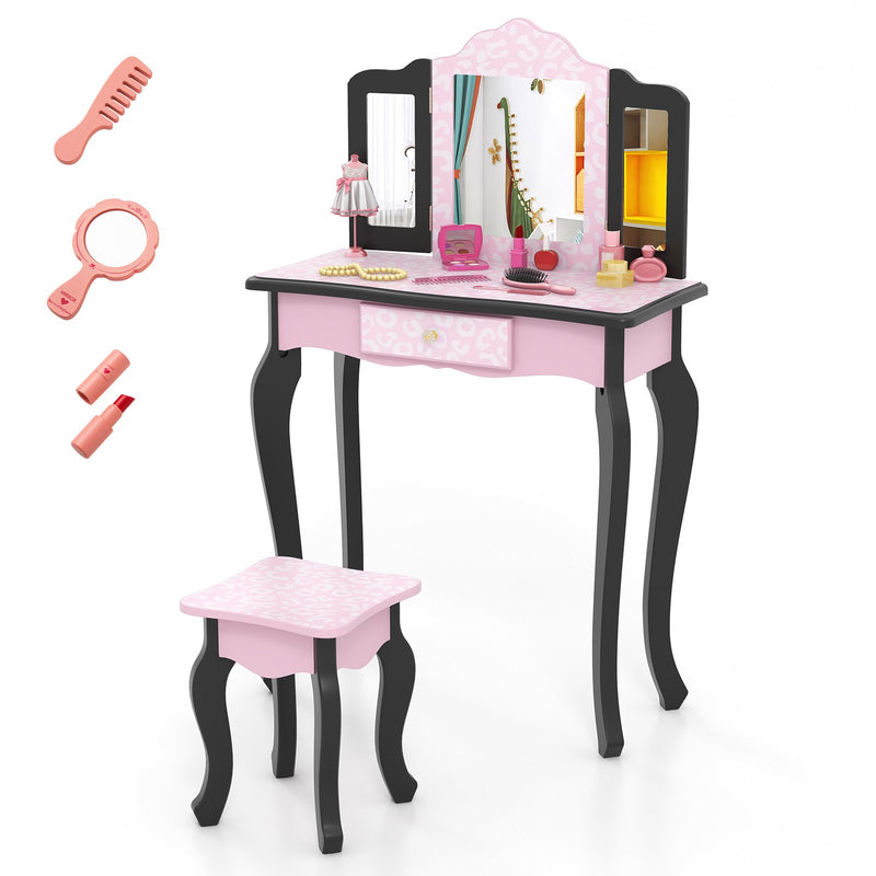 2 in 1 Princess Dressing Table Writing Desk with Cute Leopard Print 3 Makeup Accessories-Pink