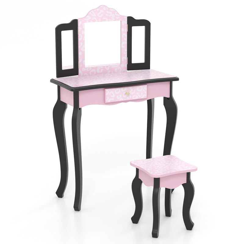 2 in 1 Princess Dressing Table Writing Desk with Cute Leopard Print 3 Makeup Accessories-Pink