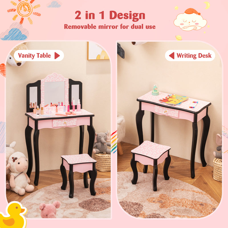 2 in 1 Princess Dressing Table Writing Desk with Cute Leopard Print 3 Makeup Accessories-Pink