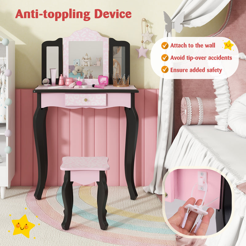 2 in 1 Princess Dressing Table Writing Desk with Cute Leopard Print 3 Makeup Accessories-Pink