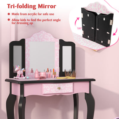 2 in 1 Princess Dressing Table Writing Desk with Cute Leopard Print 3 Makeup Accessories-Pink