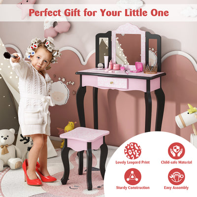 2 in 1 Princess Dressing Table Writing Desk with Cute Leopard Print 3 Makeup Accessories-Pink