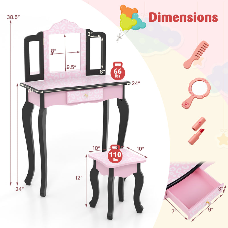 2 in 1 Princess Dressing Table Writing Desk with Cute Leopard Print 3 Makeup Accessories-Pink