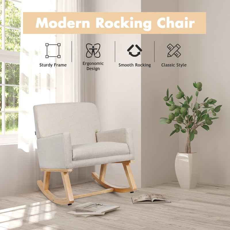 Upholstered Rocking Chair with and Solid Wood Base-Beige