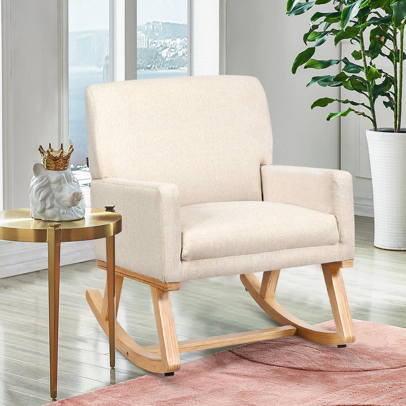 Upholstered Rocking Chair with and Solid Wood Base-Beige