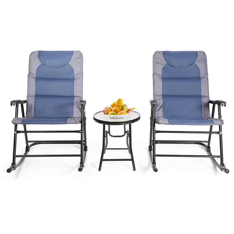 3 Pieces Outdoor Folding Rocking Chair Table Set with Cushion-Blue