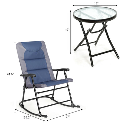 3 Pieces Outdoor Folding Rocking Chair Table Set with Cushion-Blue