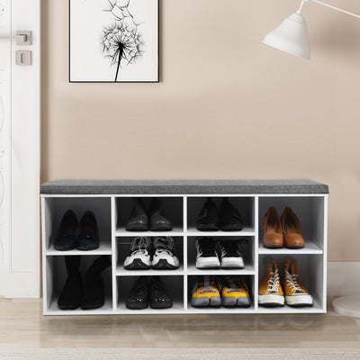 10-Cube Organizer  Entryway Padded Shoe Storage Bench-White