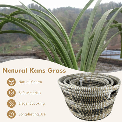 Natural Canes Grass Baskets Stackable Storage Bins Set of 3 with Hollowed Handles