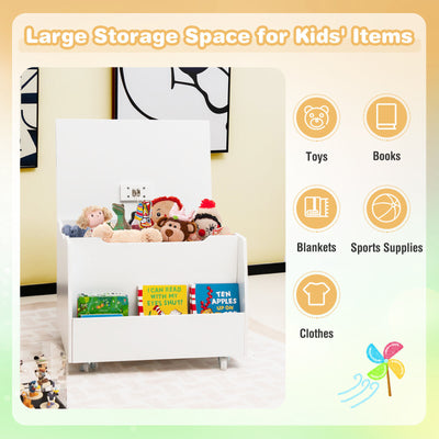 Wooden Mobile Toy Storage Organizer with Bookshelf and Lockable Wheels-White