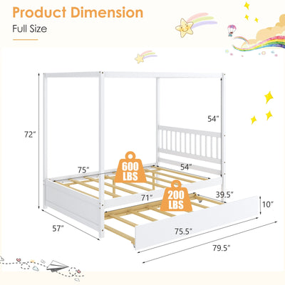 Full Size Canopy Bed with Trundle Wooden Platform Bed Frame Headboard-White