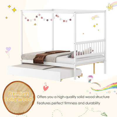 Full Size Canopy Bed with Trundle Wooden Platform Bed Frame Headboard-White