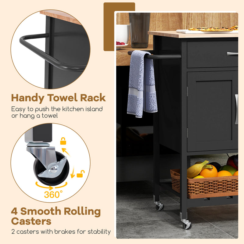 Rolling Kitchen Island Cart with Drawer and Towel Rack-Black