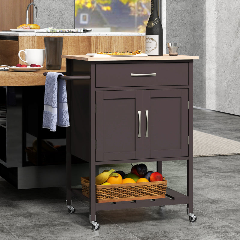 Rolling Kitchen Island Cart with Drawer and Towel Rack-Brown