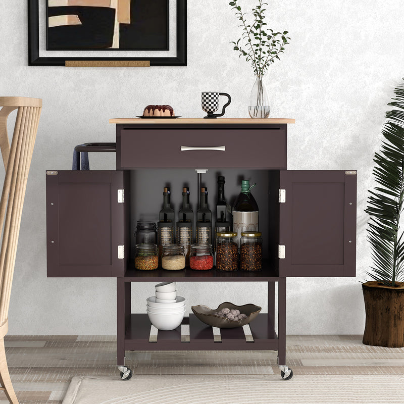 Rolling Kitchen Island Cart with Drawer and Towel Rack-Brown