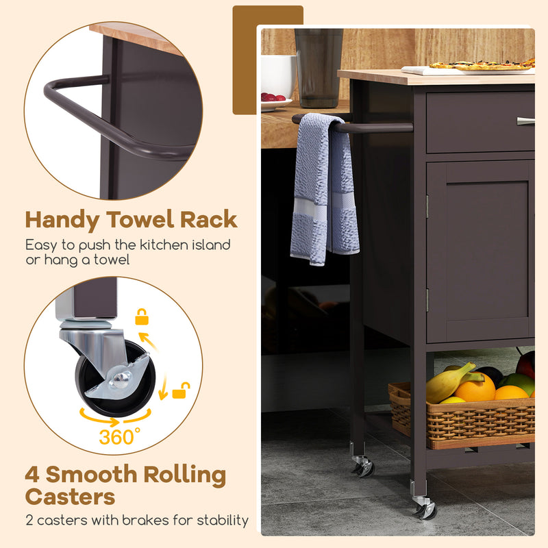 Rolling Kitchen Island Cart with Drawer and Towel Rack-Brown