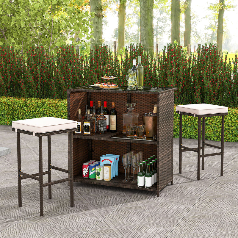 3 Pcs Patio Bar Set with Tempered Glass Tabletop-Brown