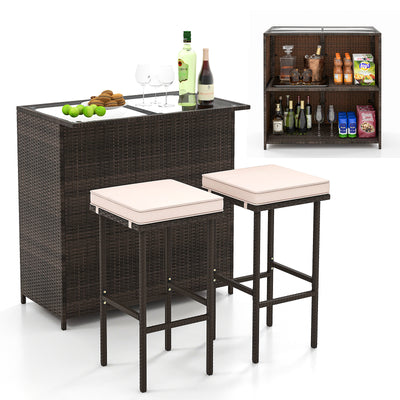 3 Pcs Patio Bar Set with Tempered Glass Tabletop-Brown