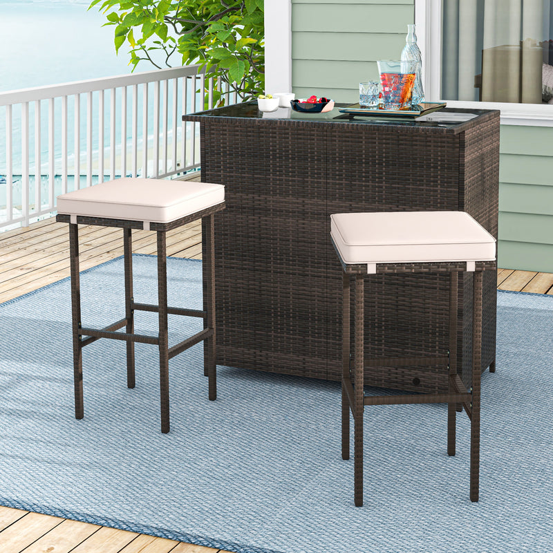 3 Pcs Patio Bar Set with Tempered Glass Tabletop-Brown