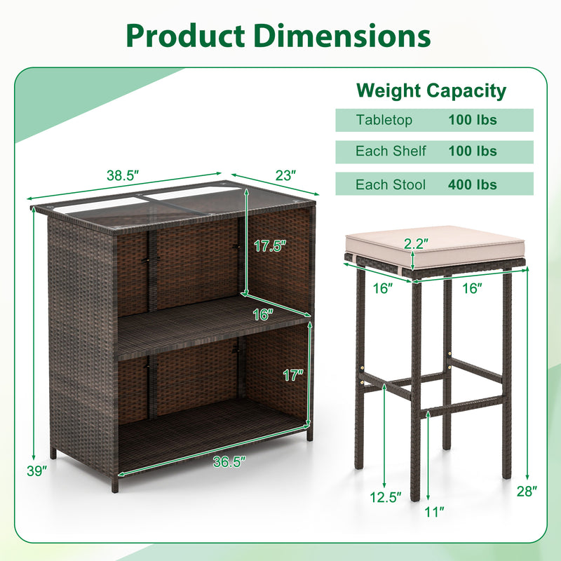 3 Pcs Patio Bar Set with Tempered Glass Tabletop-Brown