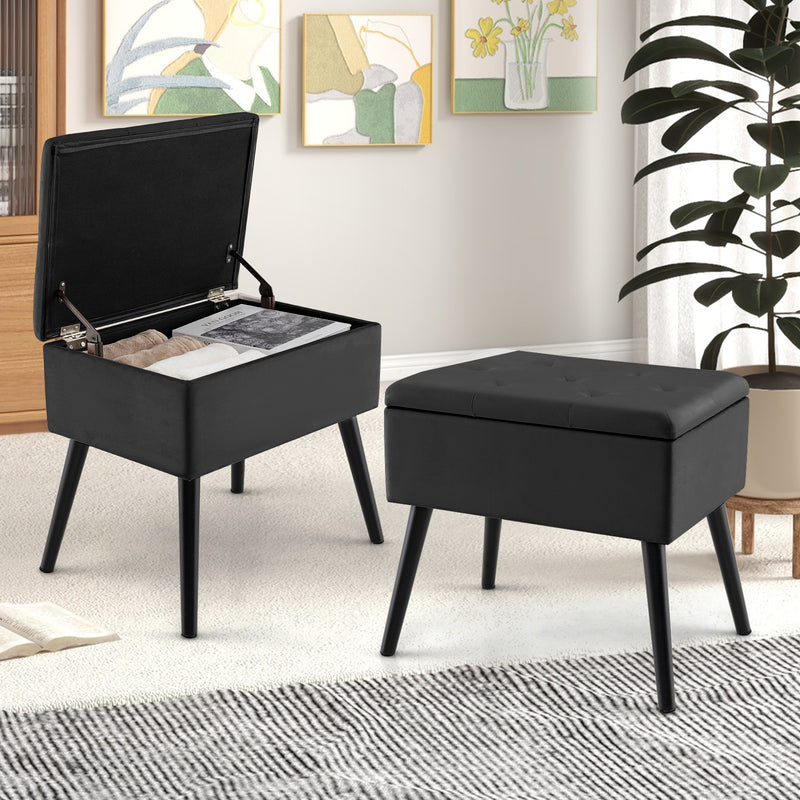 Velvet Storage Ottoman with Solid Wood Legs for Living Room Bedroom-Black