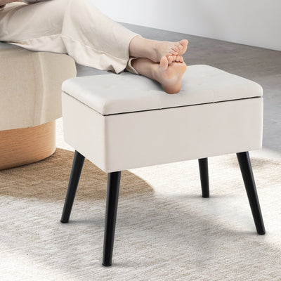 Velvet Storage Ottoman with Solid Wood Legs for Living Room Bedroom-Beige