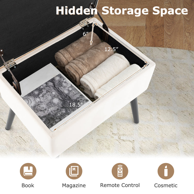 Velvet Storage Ottoman with Solid Wood Legs for Living Room Bedroom-Beige