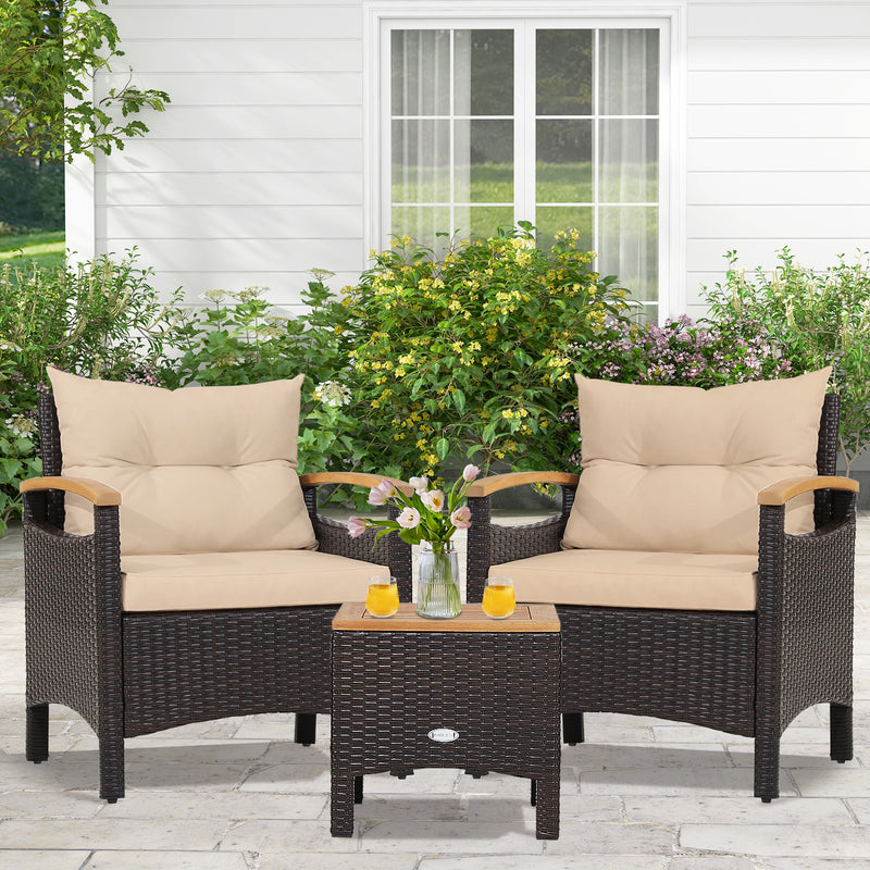 3 Pieces Patio Rattan Furniture Set with Removable Cushions-Beige