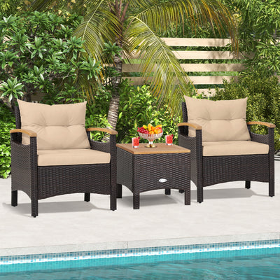 3 Pieces Patio Rattan Furniture Set with Removable Cushions-Beige