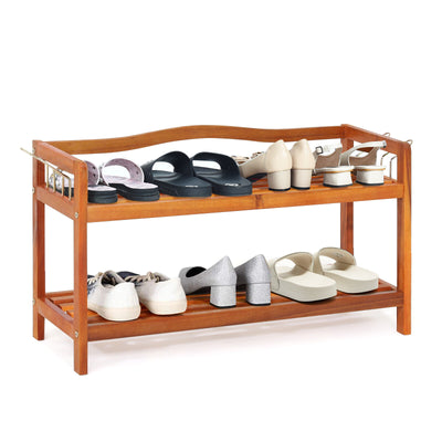 2-Tier Acacia Wood Shoe Rack with 4 Side Metal Hooks