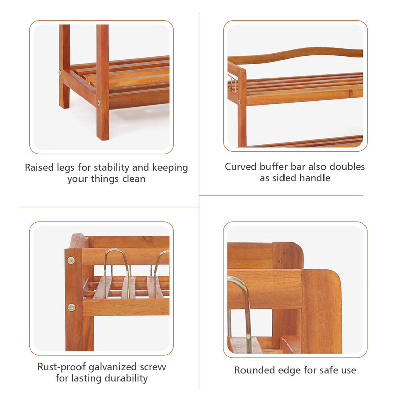 2-Tier Acacia Wood Shoe Rack with 4 Side Metal Hooks