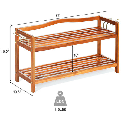 2-Tier Acacia Wood Shoe Rack with 4 Side Metal Hooks