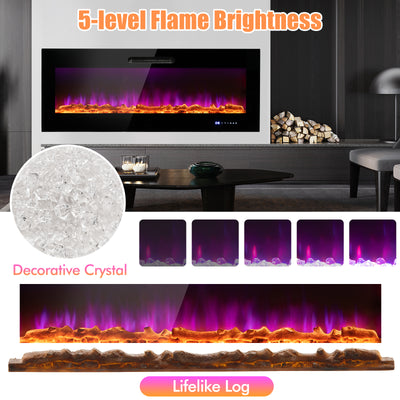 50/60 Inch Wall Mounted Recessed Electric Fireplace with Decorative Crystal and Log-50 inches