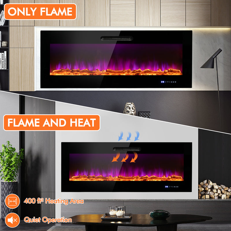 50/60 Inch Wall Mounted Recessed Electric Fireplace with Decorative Crystal and Log-50 inches