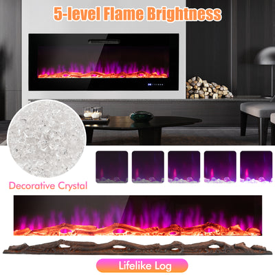 50/60 Inch Wall Mounted Recessed Electric Fireplace with Decorative Crystal and Log-60 inches