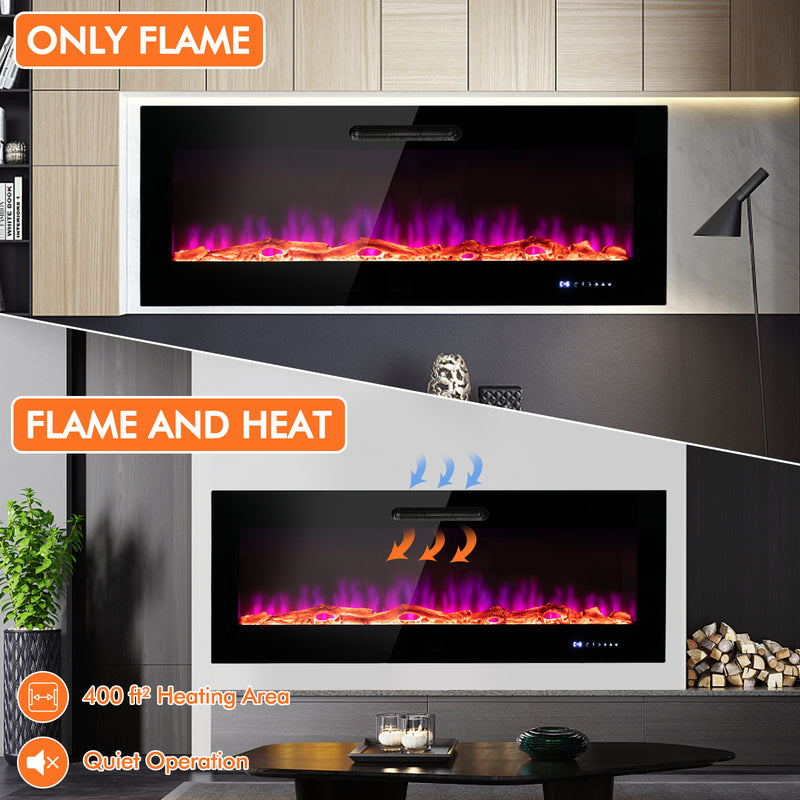 50/60 Inch Wall Mounted Recessed Electric Fireplace with Decorative Crystal and Log-60 inches