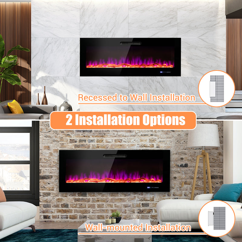 50/60 Inch Wall Mounted Recessed Electric Fireplace with Decorative Crystal and Log-60 inches