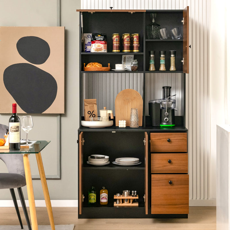 71 Inch Kitchen Pantry with 3 Storage Cabinet and 3 Deep Drawers-Black