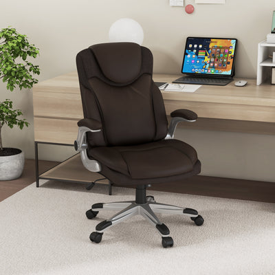 Ergonomic Office PU Leather Executive Chair with Flip-up Armrests and Rocking Function-Brown