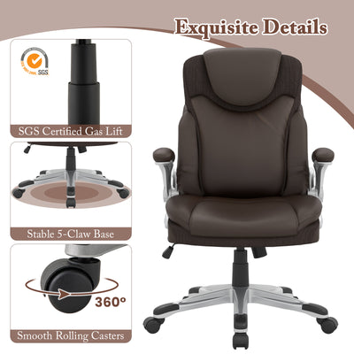 Ergonomic Office PU Leather Executive Chair with Flip-up Armrests and Rocking Function-Brown