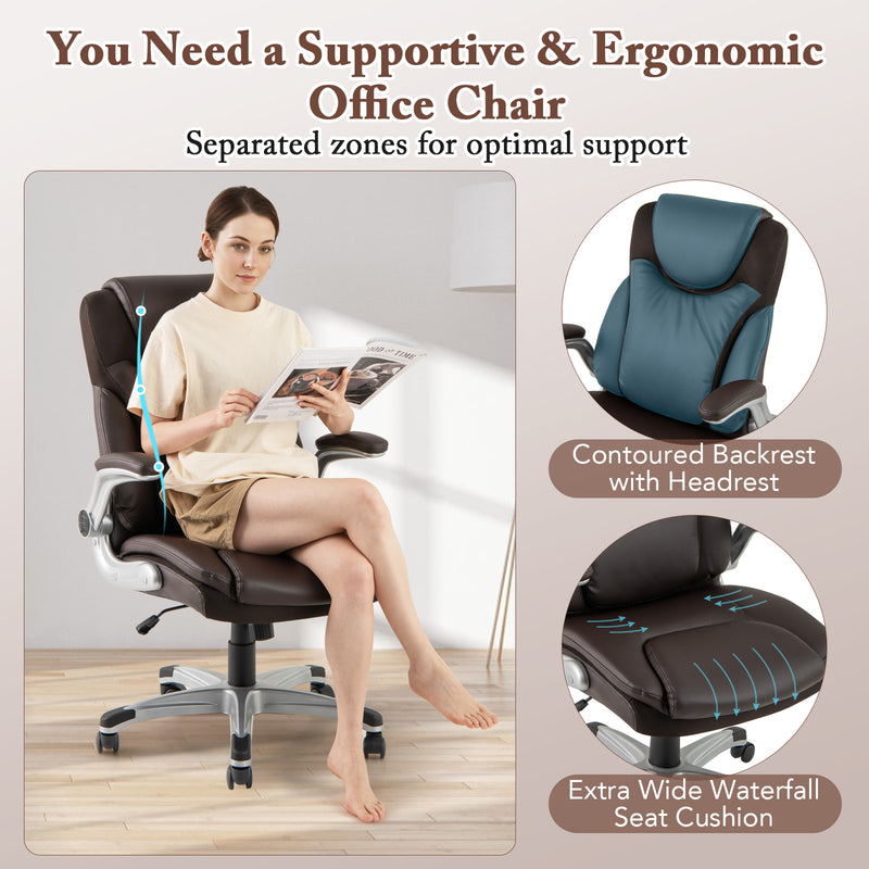 Ergonomic Office PU Leather Executive Chair with Flip-up Armrests and Rocking Function-Brown