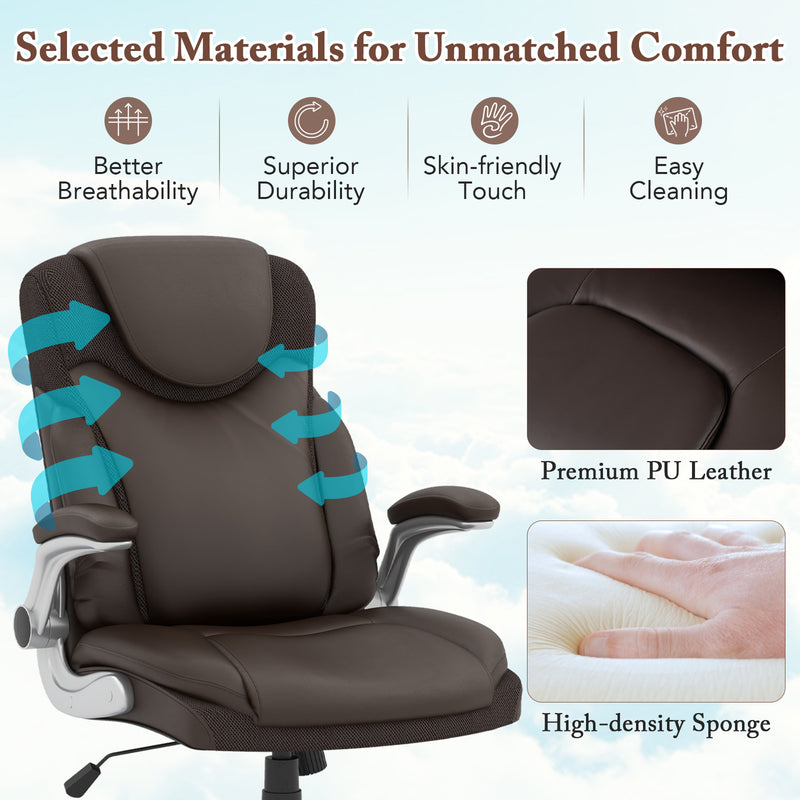 Ergonomic Office PU Leather Executive Chair with Flip-up Armrests and Rocking Function-Brown