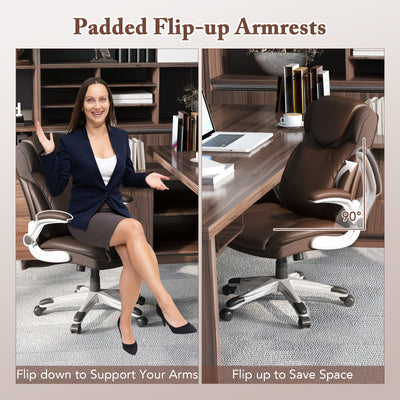 Ergonomic Office PU Leather Executive Chair with Flip-up Armrests and Rocking Function-Brown