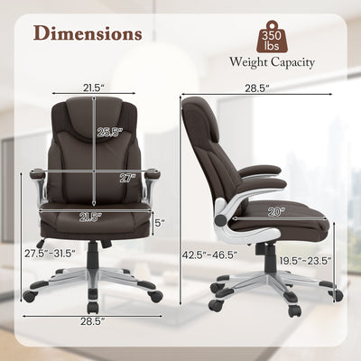 Ergonomic Office PU Leather Executive Chair with Flip-up Armrests and Rocking Function-Brown