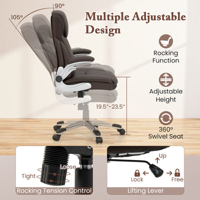 Ergonomic Office PU Leather Executive Chair with Flip-up Armrests and Rocking Function-Brown