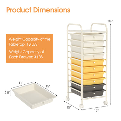 10 Drawer Rolling Storage Cart Organizer with 4 Universal Casters-Yellow